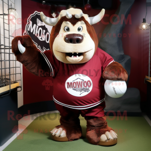 Maroon Woolly Rhinoceros mascot costume character dressed with a Baseball Tee and Necklaces