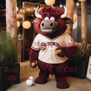 Maroon Woolly Rhinoceros mascot costume character dressed with a Baseball Tee and Necklaces