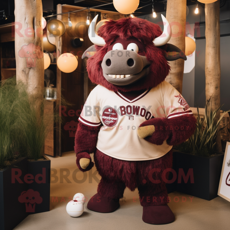 Maroon Woolly Rhinoceros mascot costume character dressed with a Baseball Tee and Necklaces Maroon Woolly Rhinoceros mascot costume character dressed with a Baseball Tee and Necklaces