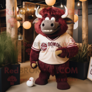 Maroon Woolly Rhinoceros mascot costume character dressed with a Baseball Tee and Necklaces