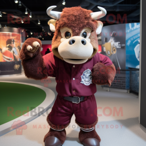 Maroon Woolly Rhinoceros mascot costume character dressed with a Baseball Tee and Necklaces