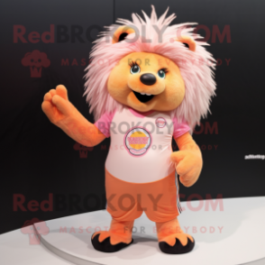 Peach Porcupine mascot costume character dressed with a V-Neck Tee and Rings