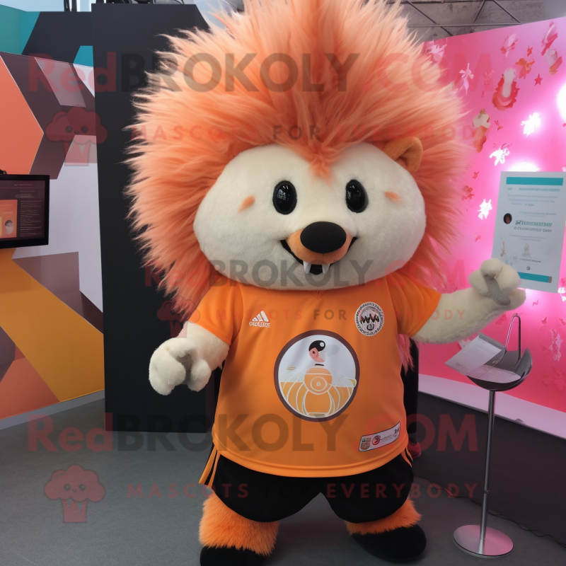 Peach Porcupine mascot costume character dressed with a V-Neck Tee and Rings Peach Porcupine mascot costume character dressed with a V-Neck Tee and Rings