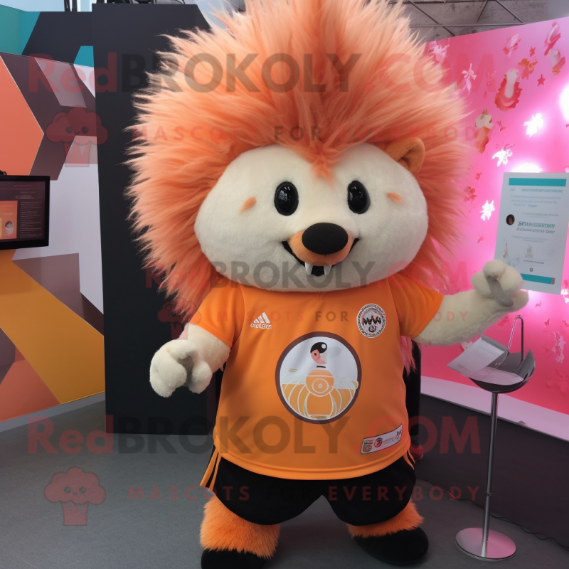 Peach Porcupine mascot costume character dressed with a V-Neck Tee and Rings