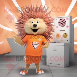 Peach Porcupine mascot costume character dressed with a V-Neck Tee and Rings