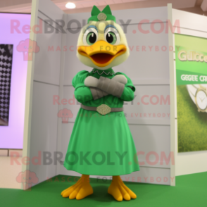 Green Gosling mascot costume character dressed with a Maxi Skirt and Bracelet watches