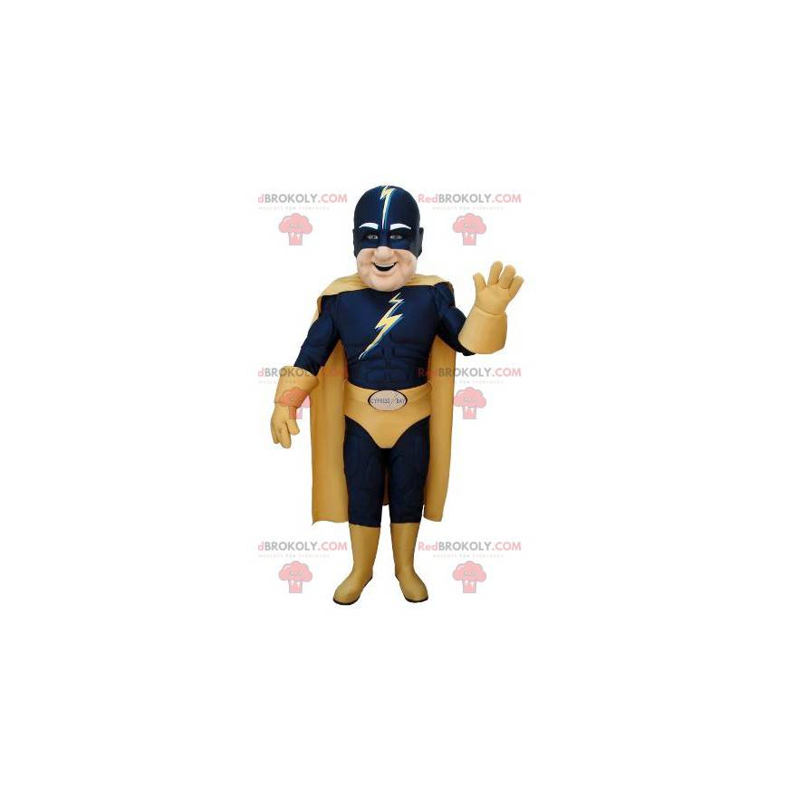 Mascote do super-herói em traje azul e amarelo - Redbrokoly.com