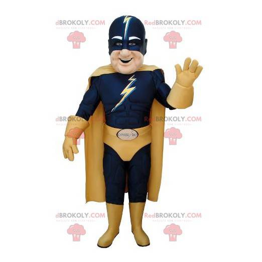 Mascote do super-herói em traje azul e amarelo - Redbrokoly.com