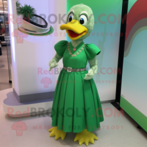 Green Gosling mascot costume character dressed with a Maxi Skirt and Bracelet watches