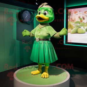 Green Gosling mascot costume character dressed with a Maxi Skirt and Bracelet watches