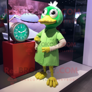 Green Gosling mascot costume character dressed with a Maxi Skirt and Bracelet watches