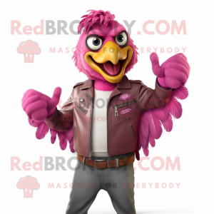 Magenta Chicken mascot costume character dressed with a Leather Jacket and Belts