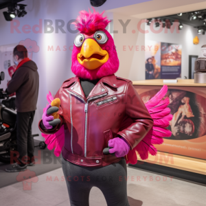 Magenta Chicken mascot costume character dressed with a Leather Jacket and Belts