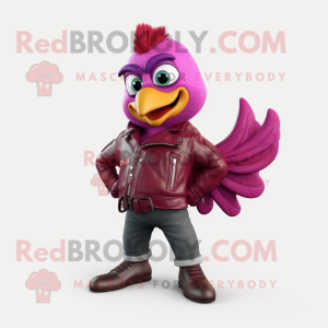 Magenta Chicken mascot costume character dressed with a Leather Jacket and Belts
