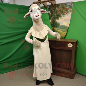 Olive Boer Goat mascot costume character dressed with a Sheath Dress and Earrings