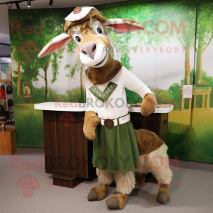 Olive Boer Goat mascot costume character dressed with a Sheath Dress and Earrings