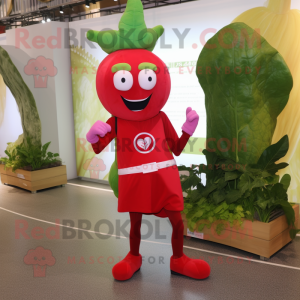 Red Spinach mascot costume character dressed with a Leggings and Suspenders