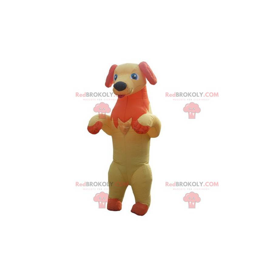 Yellow and orange dog mascot sticking out its tongue -