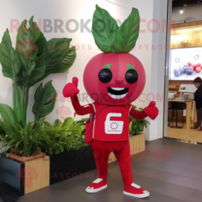 Red Spinach mascot costume character dressed with a Leggings and Suspenders