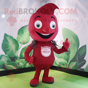 Red Spinach mascot costume character dressed with a Leggings and Suspenders