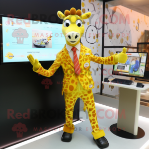 Yellow Giraffe mascot costume character dressed with a Suit Pants and Digital watches