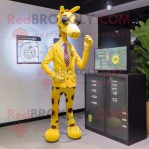 Yellow Giraffe mascot costume character dressed with a Suit Pants and Digital watches