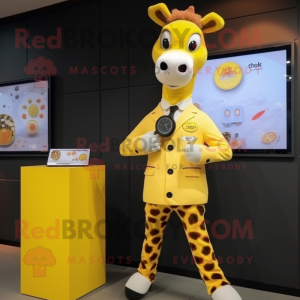 Yellow Giraffe mascot costume character dressed with a Suit Pants and Digital watches