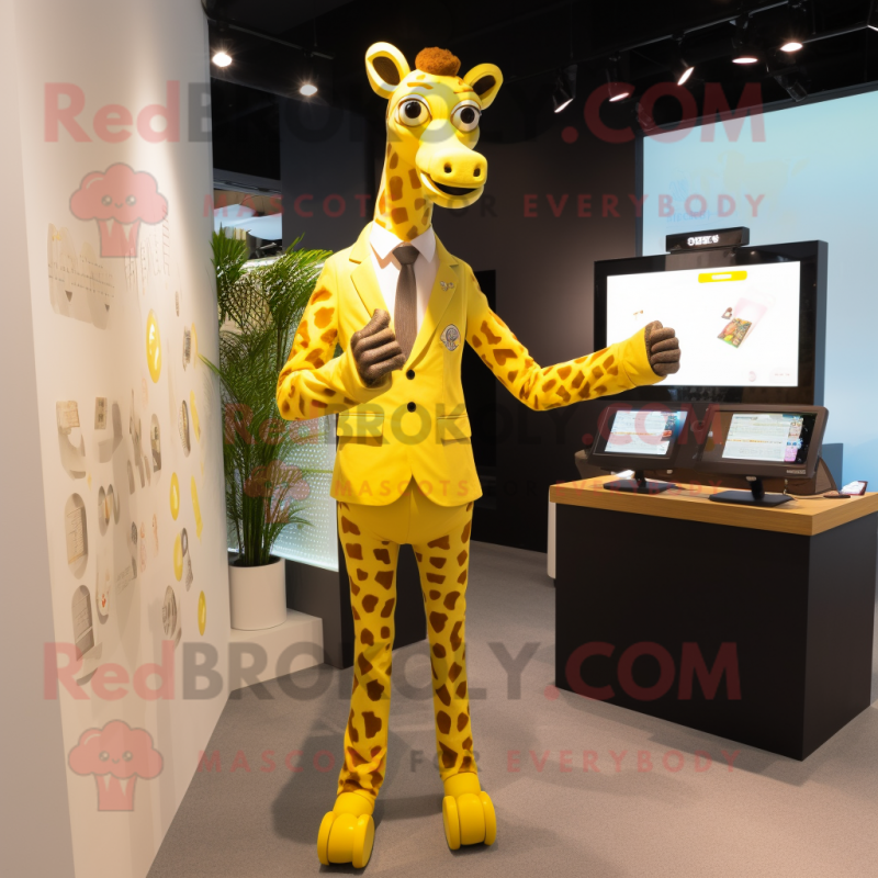 Yellow Giraffe mascot costume character dressed with a Suit Pants and Digital watches