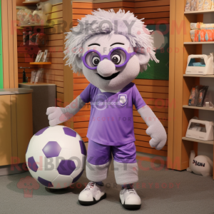 Lavender Soccer Ball mascot costume character dressed with a Corduroy Pants and Eyeglasses