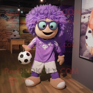 Lavender Soccer Ball mascot costume character dressed with a Corduroy Pants and Eyeglasses