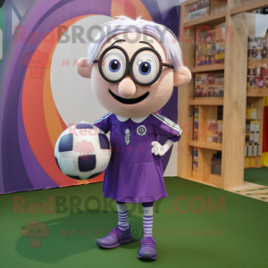 Lavender Soccer Ball mascot costume character dressed with a Corduroy Pants and Eyeglasses