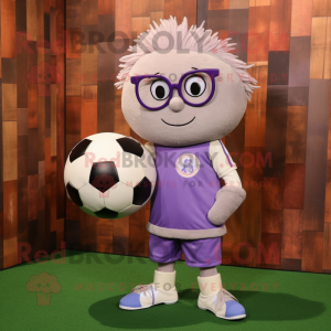 Lavender Soccer Ball mascot costume character dressed with a Corduroy Pants and Eyeglasses