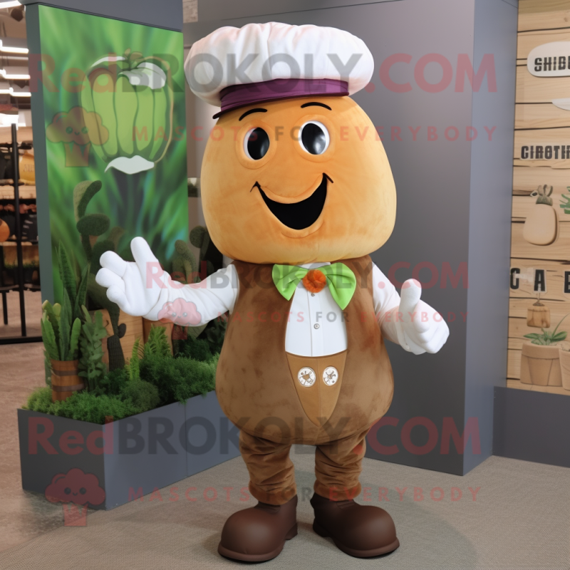 Rust Turnip mascot costume character dressed with a Button-Up Shirt and Mittens