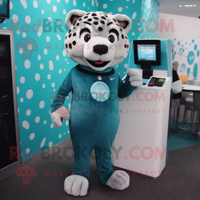 Teal Leopard mascot costume character dressed with a Joggers and Coin purses Teal Leopard mascot costume character dressed with a Joggers and Coin purses