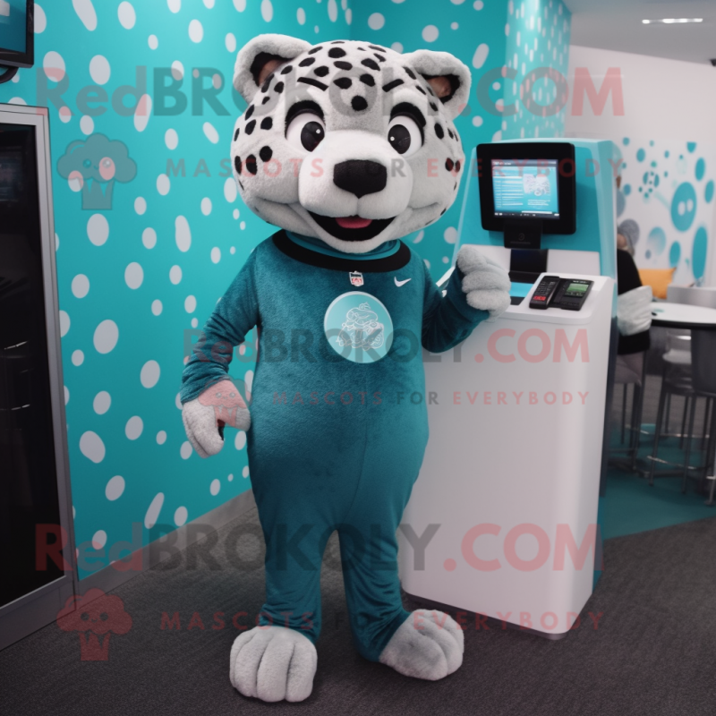 Teal Leopard mascot costume character dressed with a Joggers and Coin purses