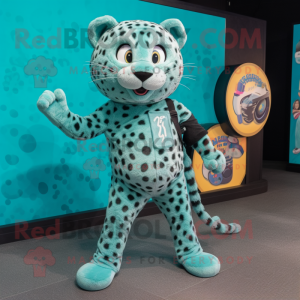 Teal Leopard mascot costume character dressed with a Joggers and Coin purses