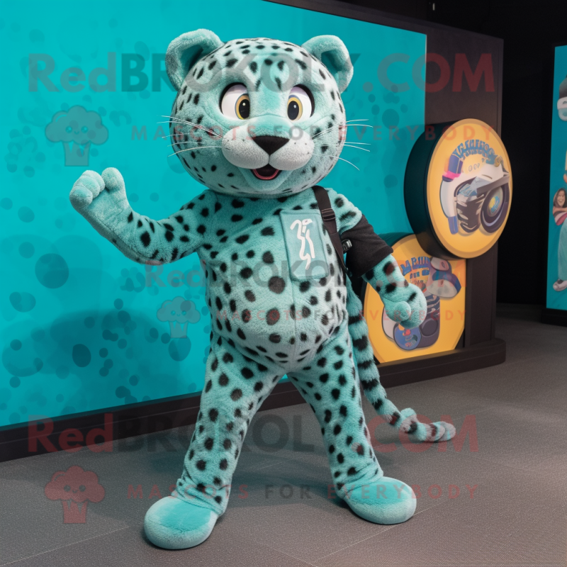 Teal Leopard mascot costume character dressed with a Joggers and Coin purses