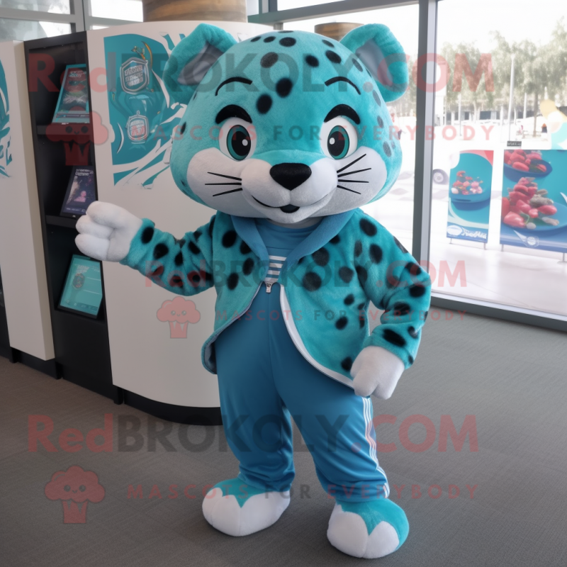 Teal Leopard mascot costume character dressed with a Joggers and Coin purses