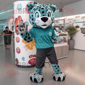 Teal Leopard mascot costume character dressed with a Joggers and Coin purses