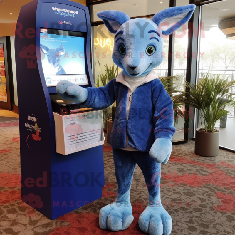 Blue Kangaroo mascot costume character dressed with a Cardigan and Beanies