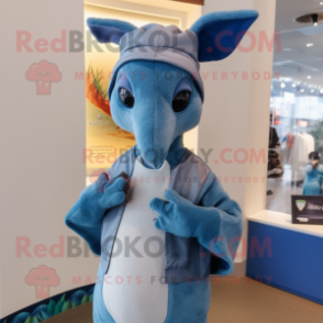 Blue Kangaroo mascot costume character dressed with a Cardigan and Beanies