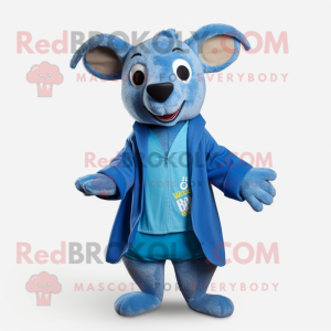 Blue Kangaroo mascot costume character dressed with a Cardigan and Beanies