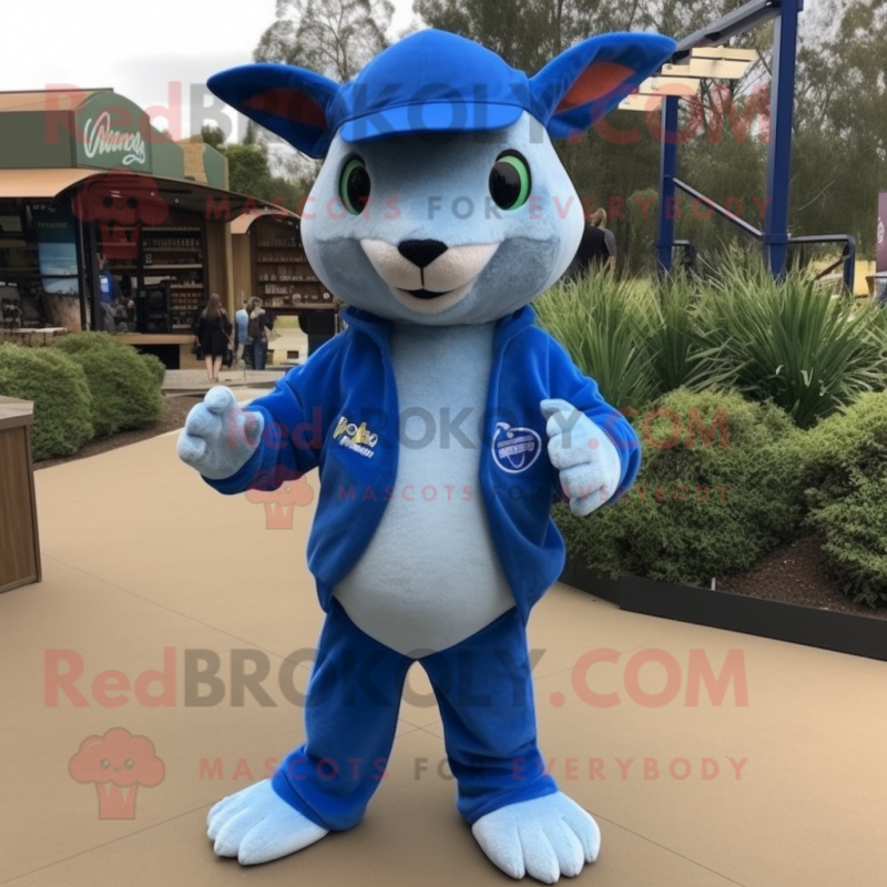 Blue Kangaroo mascot costume character dressed with a Cardigan and Beanies