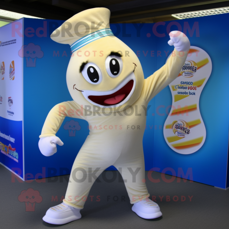 Cream Contortionist mascot costume character dressed with a Playsuit and Beanies Cream Contortionist mascot costume character dressed with a Playsuit and Beanies