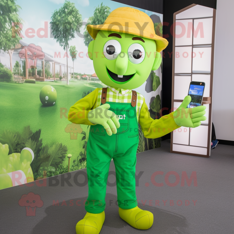 Lime Green Scarecrow mascot costume character dressed with a Overalls and Smartwatches Lime Green Scarecrow mascot costume character dressed with a Overalls and Smartwatches