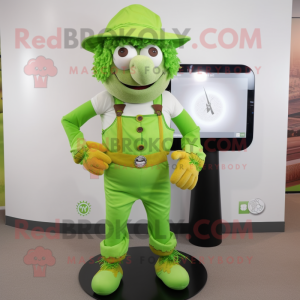 Lime Green Scarecrow mascot costume character dressed with a Overalls and Smartwatches