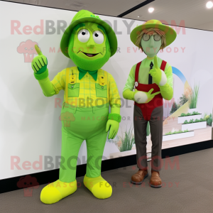 Lime Green Scarecrow mascot costume character dressed with a Overalls and Smartwatches