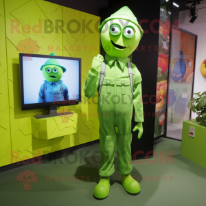 Lime Green Scarecrow mascot costume character dressed with a Overalls and Smartwatches