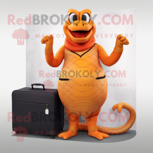 Orange Anaconda mascot costume character dressed with a Pleated Skirt and Briefcases