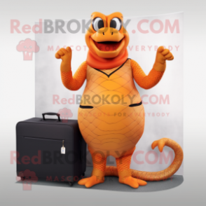 Orange Anaconda mascot costume character dressed with a Pleated Skirt and Briefcases